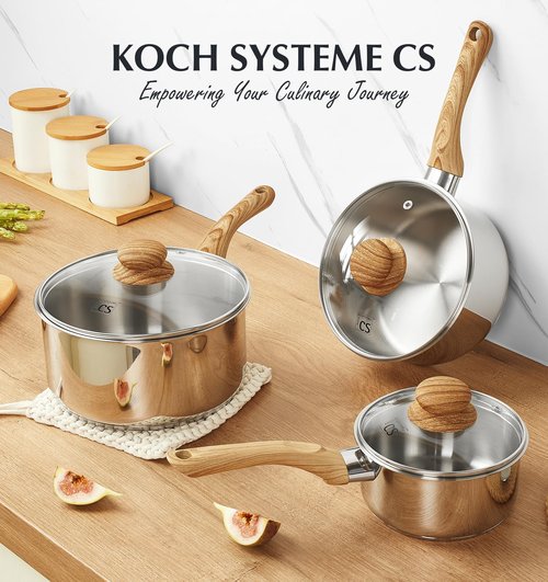 KOCH SYSTEME CS Stainless Steel Pots, 6 Piece Sauce Pan Set with Lids, 1QT, 2QT, 3QT Stainless Steel Saucepan with Cool-Touch Handles, 5-layers Base Pots, Induction Compatible Sauce Pan, Pot Set