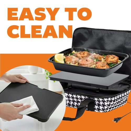 HOTLOGIC Max Large Portable Electric Food Heater W/Glass - Innovative Food Warmer and Heated Lunch Box for Adults Car/Home - Easily Cook, Reheat, and Keep Your Food Warm - Houndstooth - 120V