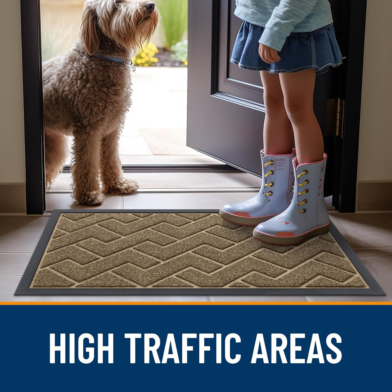 OLANLY Waterproof Front Door Mat - All-Season Indoor/Outdoor Doormat, Easy Clean Herringbone Design (Brown, 59x23)