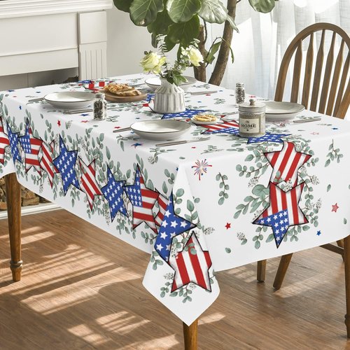 Horaldaily Tablecloth - 60x84 Inch Patriotic Eucalyptus Star Design for 4th of July Celebrations