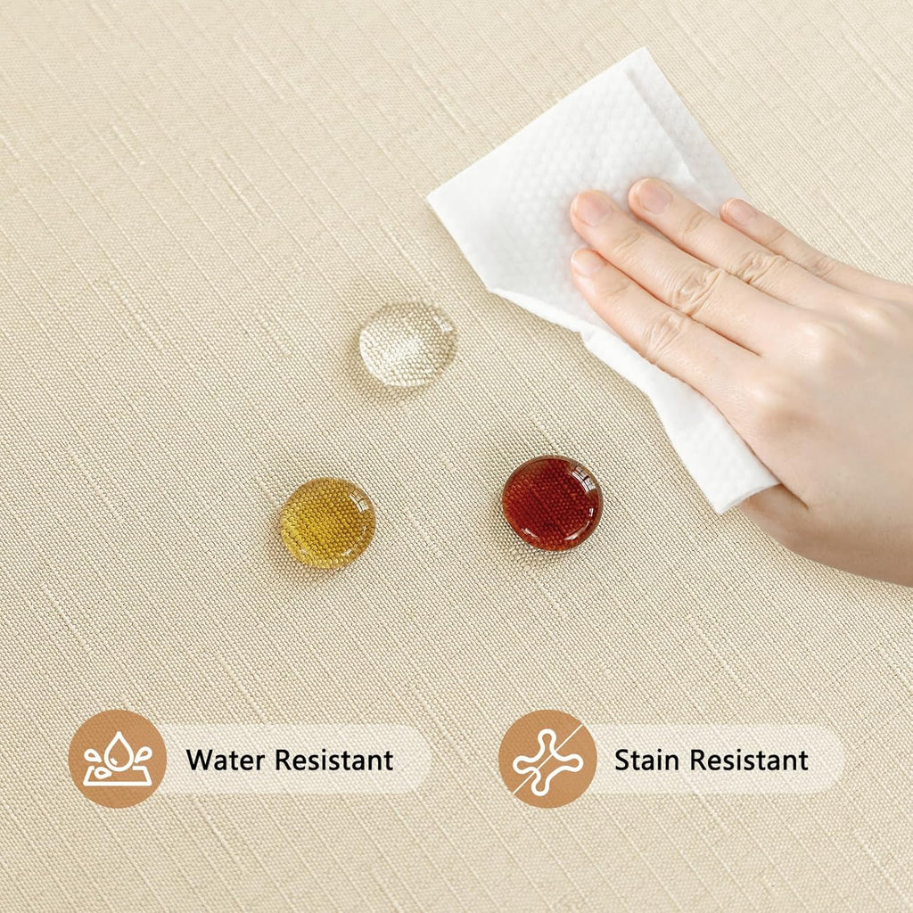 Textured Round Tablecloth - 60 Inch Beige, Water Resistant & Wipeable Faux Linen for 2-4 Seats