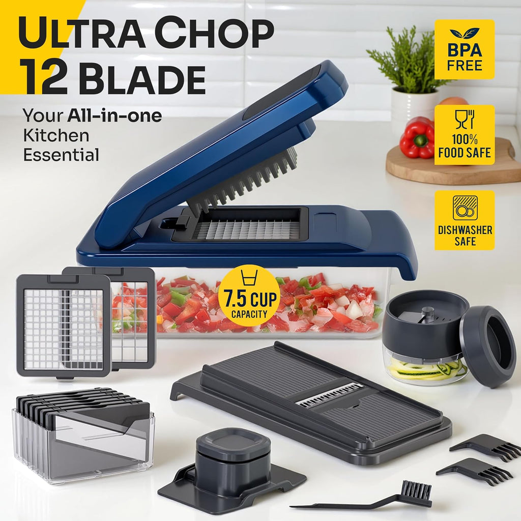 UltraChop 12-Blade Heavy Duty Vegetable Chopper - All-In-One Food Slicer & Spiralizer | Blue
