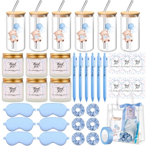 Reallnaive 43 Pcs Baby Shower Prizes for Player Winner Wedding Bridal Shower Favor Gifts Including Glass Cups Aromatherapy Candle Eye Mask Hair Band Greeting Card Pen Ribbon Gift Bag(Bear Style,Blue)