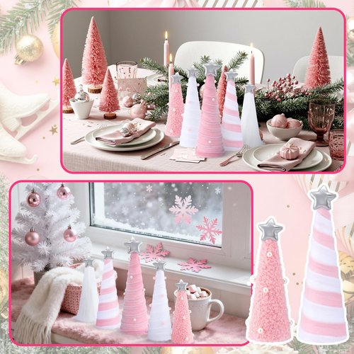 Realspring 5 Pcs Pink White Velvet Christmas Cone Tree Table Decoration Modern Xmas Tree Tabletop Centerpiece Ornaments for Mantel Fireplace Home Farmhouse Kitchen Party Crafts, 3 Sizes
