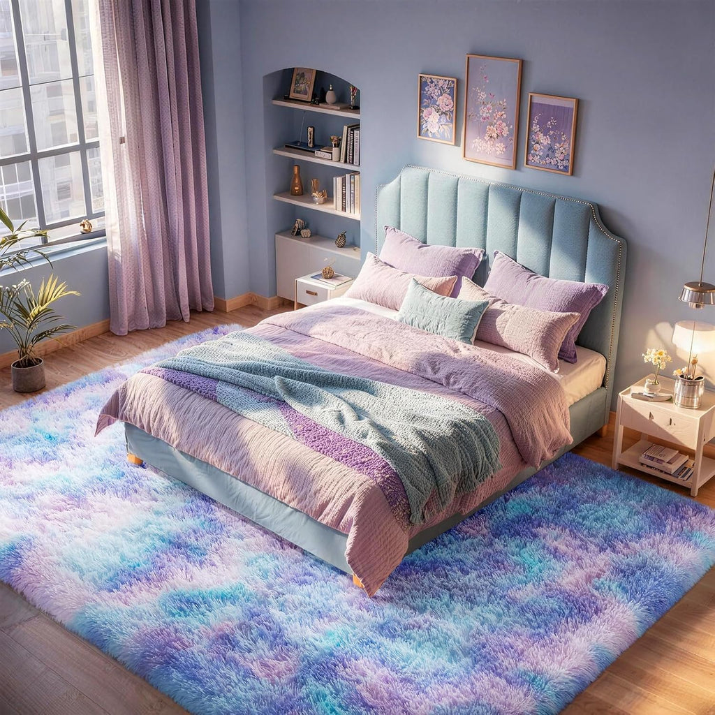 Ophanie Rainbow Purple Mermaid Area Rug - Soft Fluffy Shag Carpet for Kids' Room | 6x9 Size