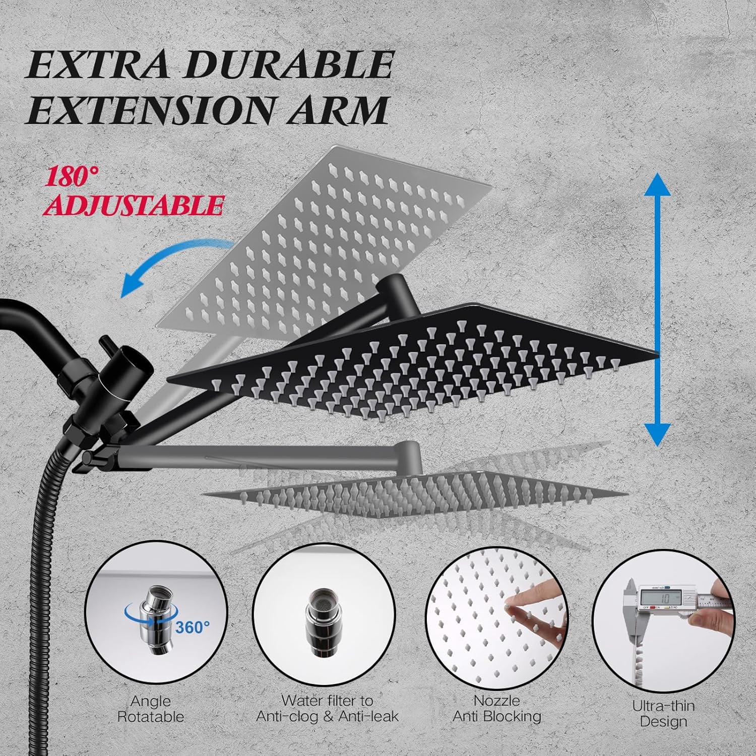 Skiennix 10” Rain Shower Head - High Pressure Handheld Spray Combo with Adjustable Arm | Matte Black