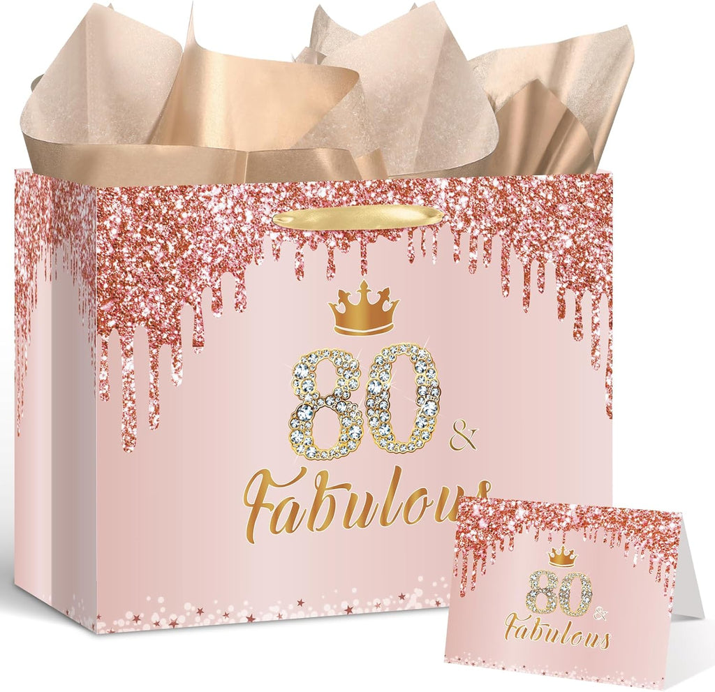 Yoirrat Rose Gold 80th Birthday Gift Bag - Large Pink Design with Wrapping Paper & Card for Celebrations