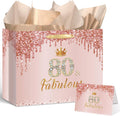 Yoirrat Rose Gold 80th Birthday Gift Bag - Large Pink Design with Wrapping Paper & Card for Celebrations