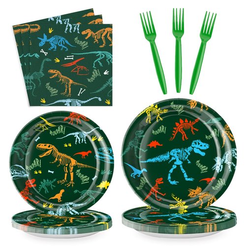 Dinosaur Birthday Party Supplies for Kids 96 Piece Dino Theme Tableware Set Includes Disposable Paper Plates, Napkins and Forks Dinosaur Decorations for Boys Birthday Party, Serves 24 Guests