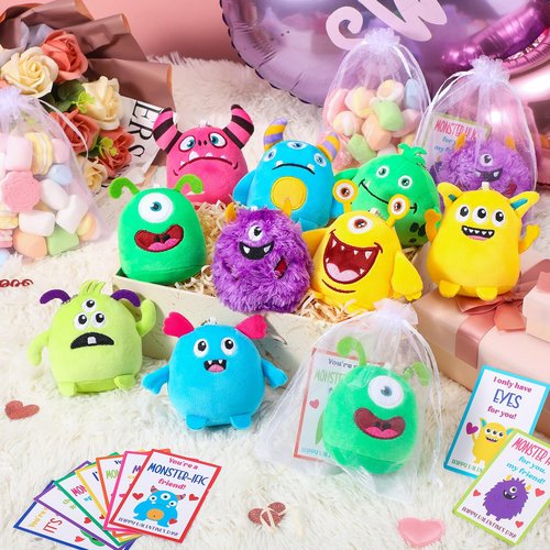 HyDren Set of 18 Kids Valentine Monster Gifts Confession Card with 3.15 Inch Monster Stuffed Animal Plush Mini Keychain for School Classroom Prize Exchange Party Favors Goodie Bag Fillers