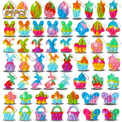 84Pcs Easter Party Favors for Kids,Easter Egg Fillers Basket Stuffers,Fidget Toys Bulk Its Birthday Gifts for Toddlers Adult,Classroom Prizes Box,Goodie Bag Stuffers,Treasure Chest Toy,Bubbles Poppers