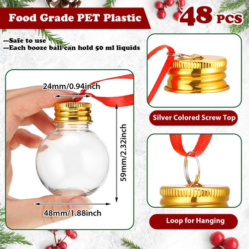 Patelai 48 Pcs Christmas Clear Plastic Fillable Ornaments for Tree Xmas Drink Balls Plastic DIY Hanging Pendant Ball for Crafts Home Wedding Party Decor(Round,50 ml)