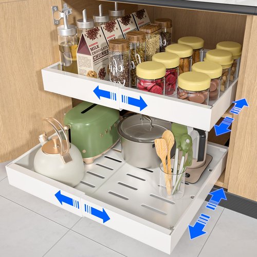 2 Pack 21'' Deep Pull Out Cabinet Organizer Expandable Width (12.6'' to 21'') Slide Out Drawers Pull Out Drawers Fixed with Adhesive Nano Film or Nail for Kitchen Bathroom Organization, White