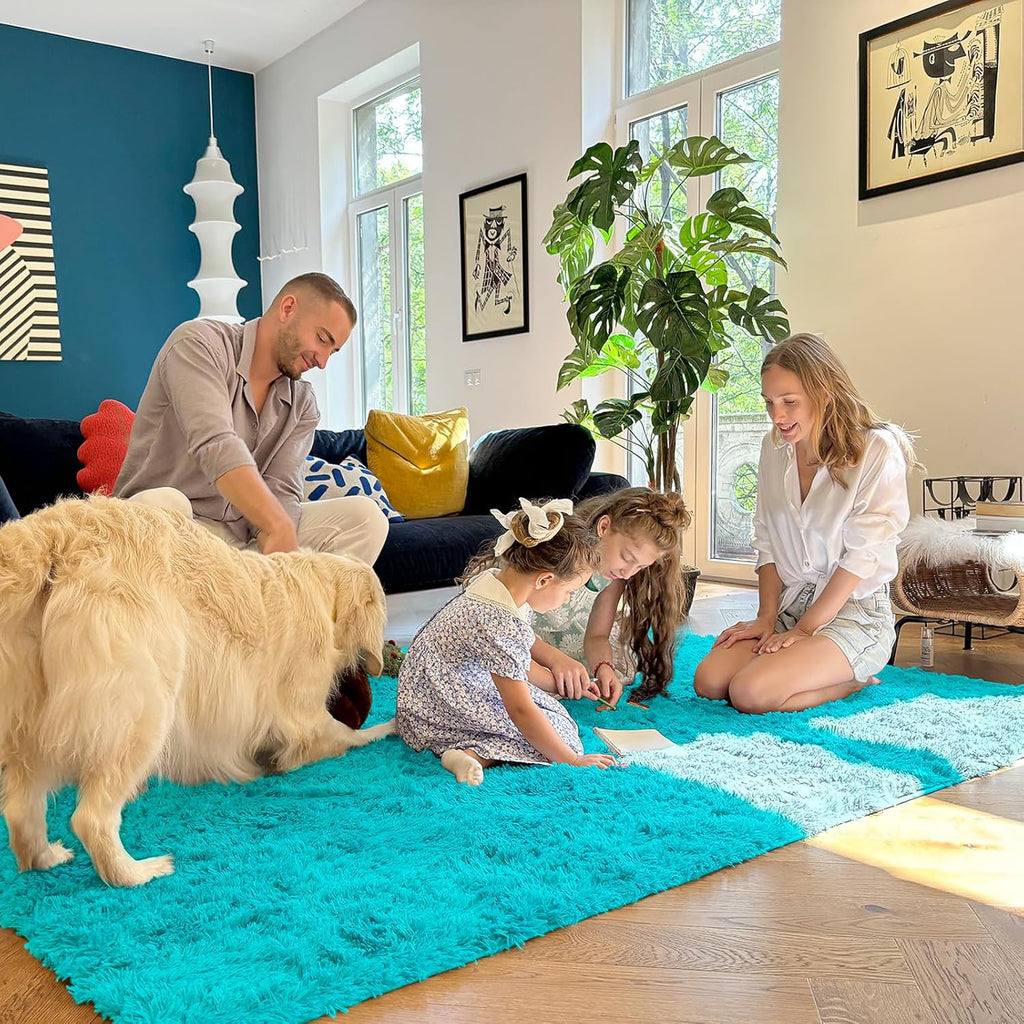 OLANLY Area Rug - Soft Fluffy Shaggy Carpet for Living Room & Bedroom - Machine Washable 4x5.9 ft, Teal Blue