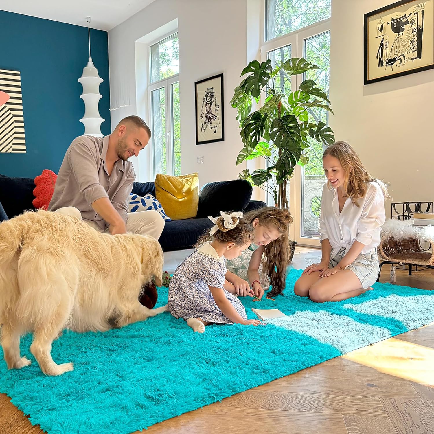 OLANLY 5x7 Soft Fluffy Shaggy Area Rug - Machine Washable Indoor Carpet for Living Room & Bedroom | Teal Blue