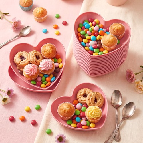 Hushee 50 Pack Valentine's Day 6 Inch Heart Shaped Dish Pink Snack Candy Bowl Plastic Heart Small Salad Bowl Mini Sauce Seasoning Dishes Appetizer Sushi Dipping Plates for Wedding Birthday Party