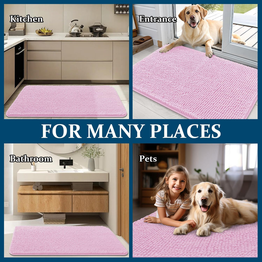 OLANLY Dog Door Mat - Absorbent Non-Slip Washable Doormat for Muddy Paws | 40x32 Pink Chenille Carpet