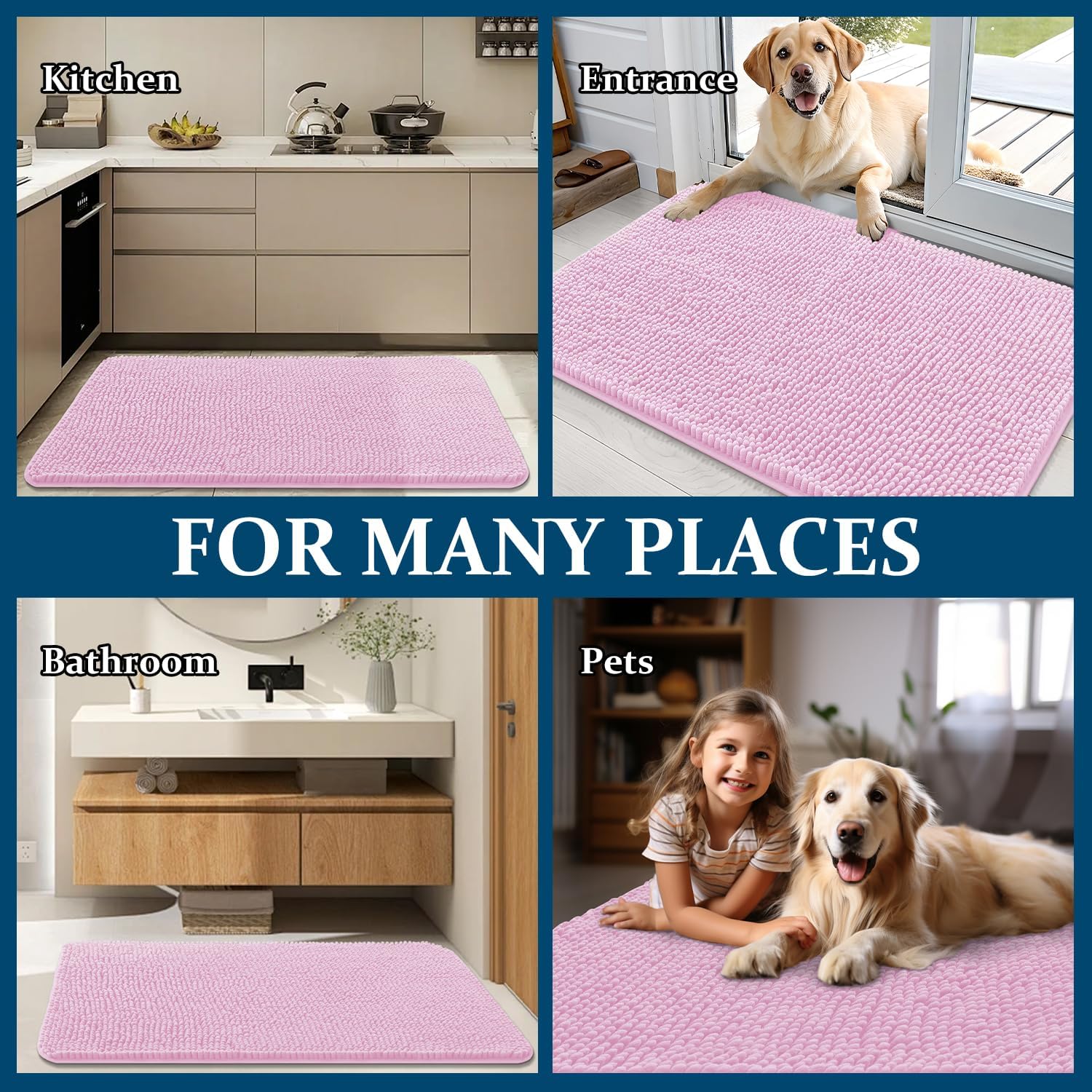 OLANLY Dog Door Mat - Absorbent Non-Slip Washable Doormat for Muddy Paws | 40x32 Pink Chenille Carpet