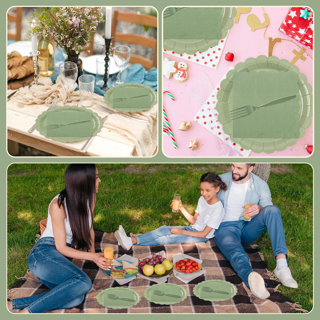 150Pcs Sage Green Paper Plates and Napkins,50 Sage Green Guest Scalloped Paper Tableware Forks Disposable Dinnerwaret Kit for Baby Shower Bridal Wedding Birthday Party New Year Decorations (7inch)