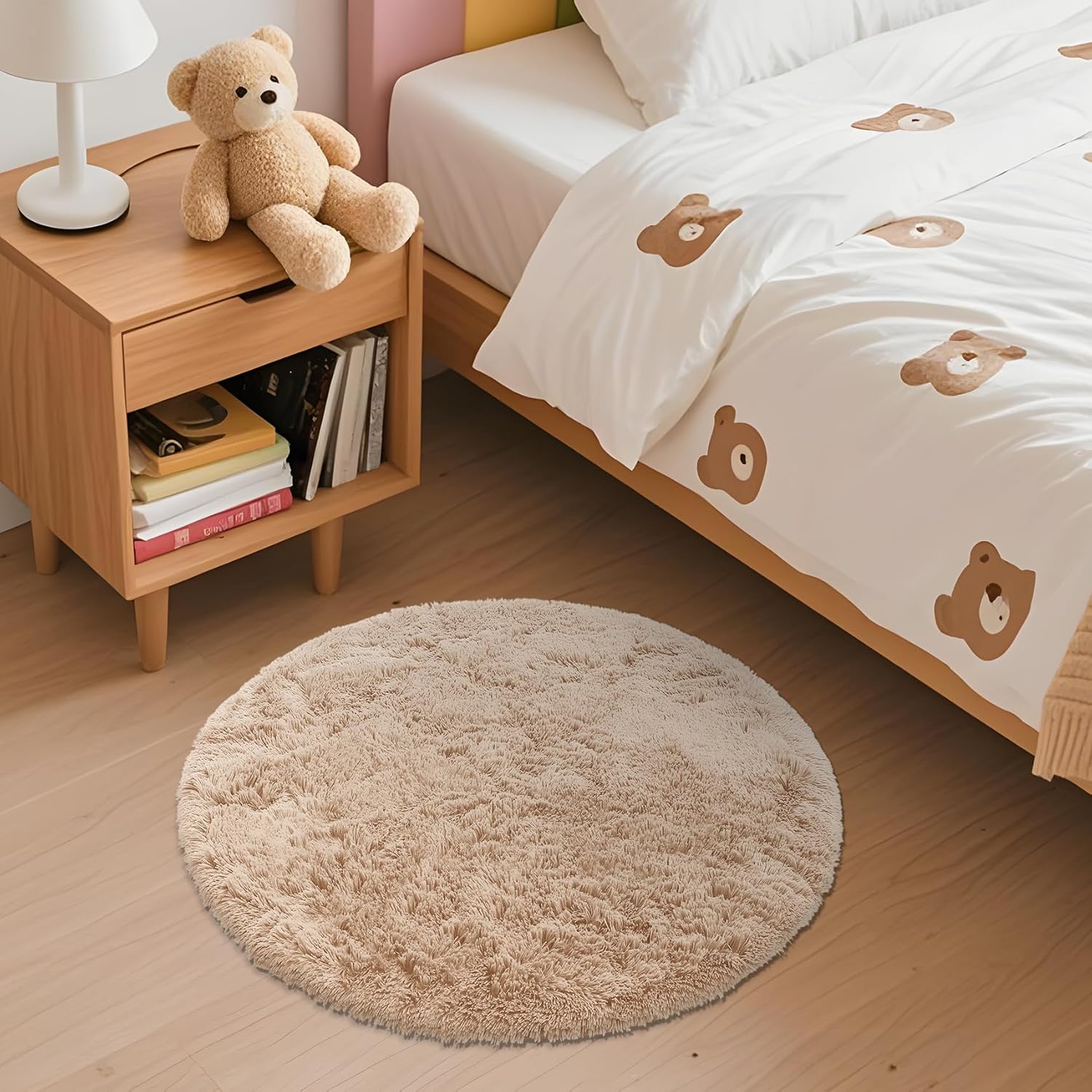 OLANLY Round Beige Area Rug - Soft, Fluffy, Machine Washable 2 ft Circle Carpet for Bedrooms & Nurseries