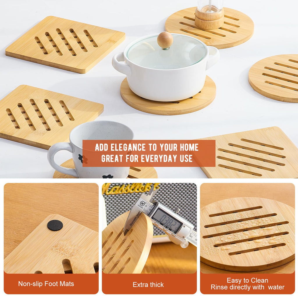 GHWIE Bamboo Trivet with Stand -Heat Resistant Pot Holders for Kitchen,Multi-Purpose Hot Pads,Hot Plate Mats,Large Stove Mat-Air Fryer Accessories and Trivets for Hot Dishes,8PCS