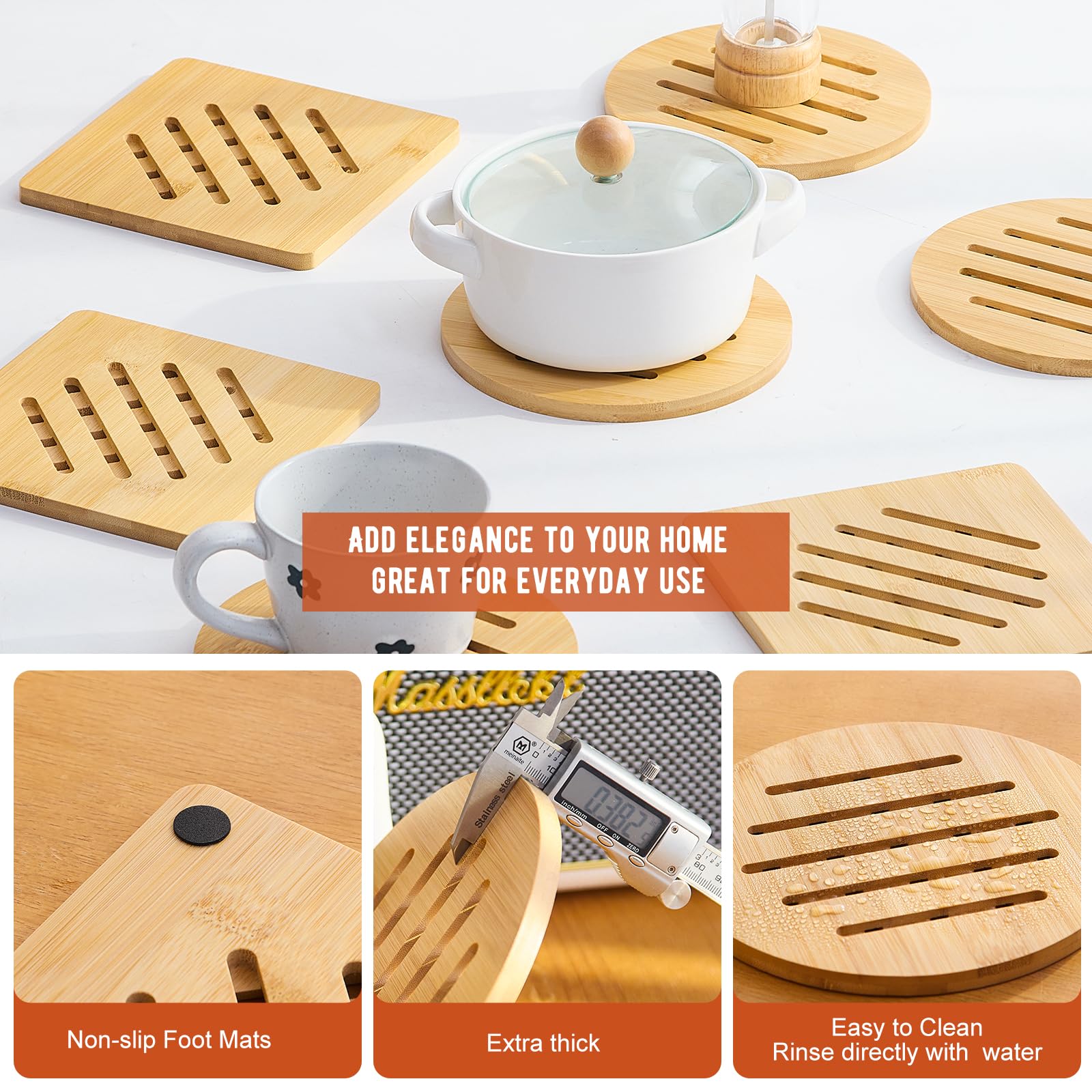 GHWIE Bamboo Trivet with Stand -Heat Resistant Pot Holders for Kitchen,Multi-Purpose Hot Pads,Hot Plate Mats,Large Stove Mat-Air Fryer Accessories and Trivets for Hot Dishes,8PCS