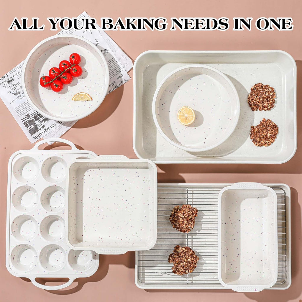 Skiennix 8-Piece Silicone Baking Pans Set - Nonstick Stackable Carbon Steel with Metal Reinforced Frame (Cream)