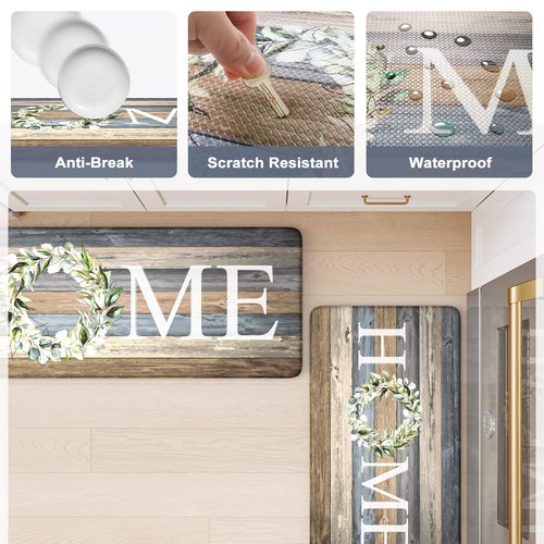 KIMODE Farmhouse Kitchen Mats for Floor 2 Piece,Cushioned Anti Fatigue Rugs Non Slip,Memory Foam Waterproof Carpet for Sink Laundry Office Bathroom,Blue 17"x47"+17"x29"