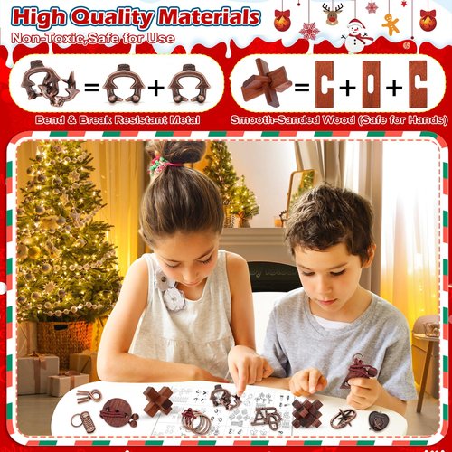 Advent Calendar 2025 Brain Teaser for Kids & Adults - 24 Days of Metal Puzzle Ring & Wooden Toy Games, Christmas Countdown with Mind IQ Logic Challenges, Unlock Interlock Gift for Boys Girls Teens