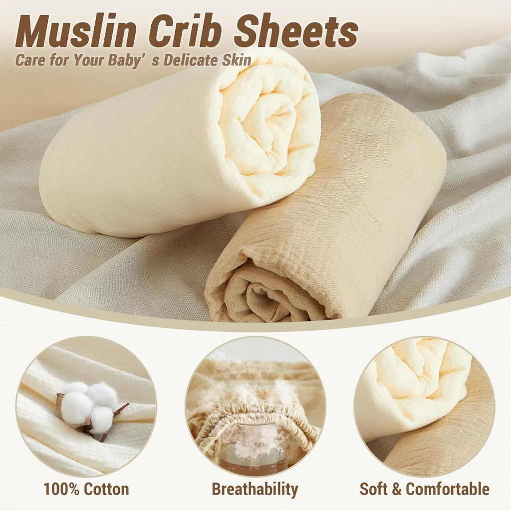Bailix Heavyweight Muslin Baby Crib Sheets - 2PCS Neutral Fitted Sheets | Soft 100% Organic Cotton (Cream, Coffee)