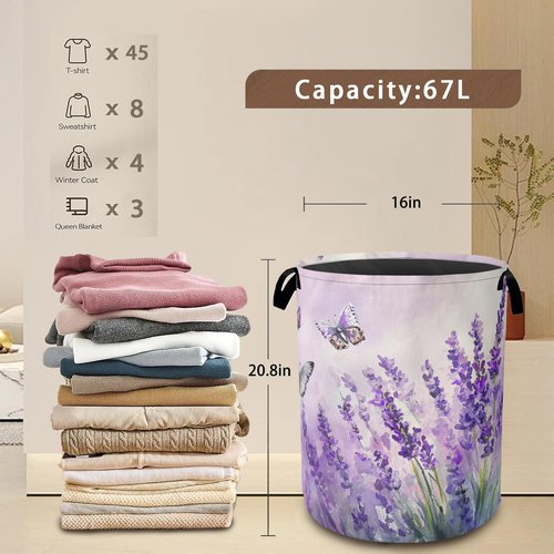 Laundry Hamper,Purple Lavender Laundry Basket,Butterfly Waterproof Oxford Cloth Storage Basket with Handle for Clothes Books Nursery Home Storage Sundries 16"x20"