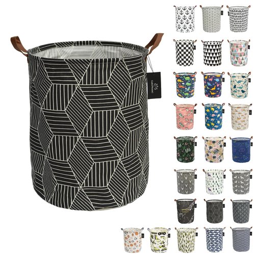 GodenMoninG laundry baskets,bedroom hamper,kitchen organization,Waterproof Round Cotton Linen Collapsible storage basket.-Black Geometric