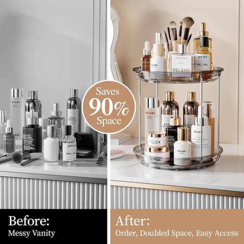 Delamu 2-Tier Rotating Makeup Organizer - Large Capacity Skincare & Perfume Holder | Grey