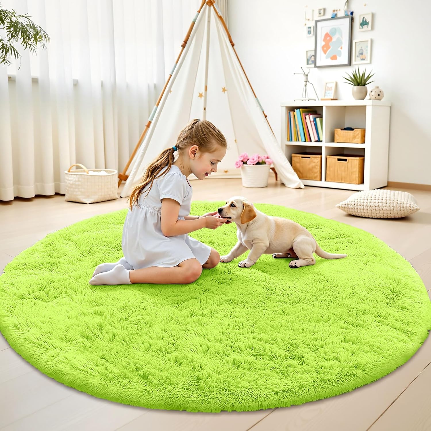 OLANLY Round Lime Green Area Rug - Soft, Fluffy, Machine Washable 5 ft Circle Carpet for Bedrooms & Nurseries