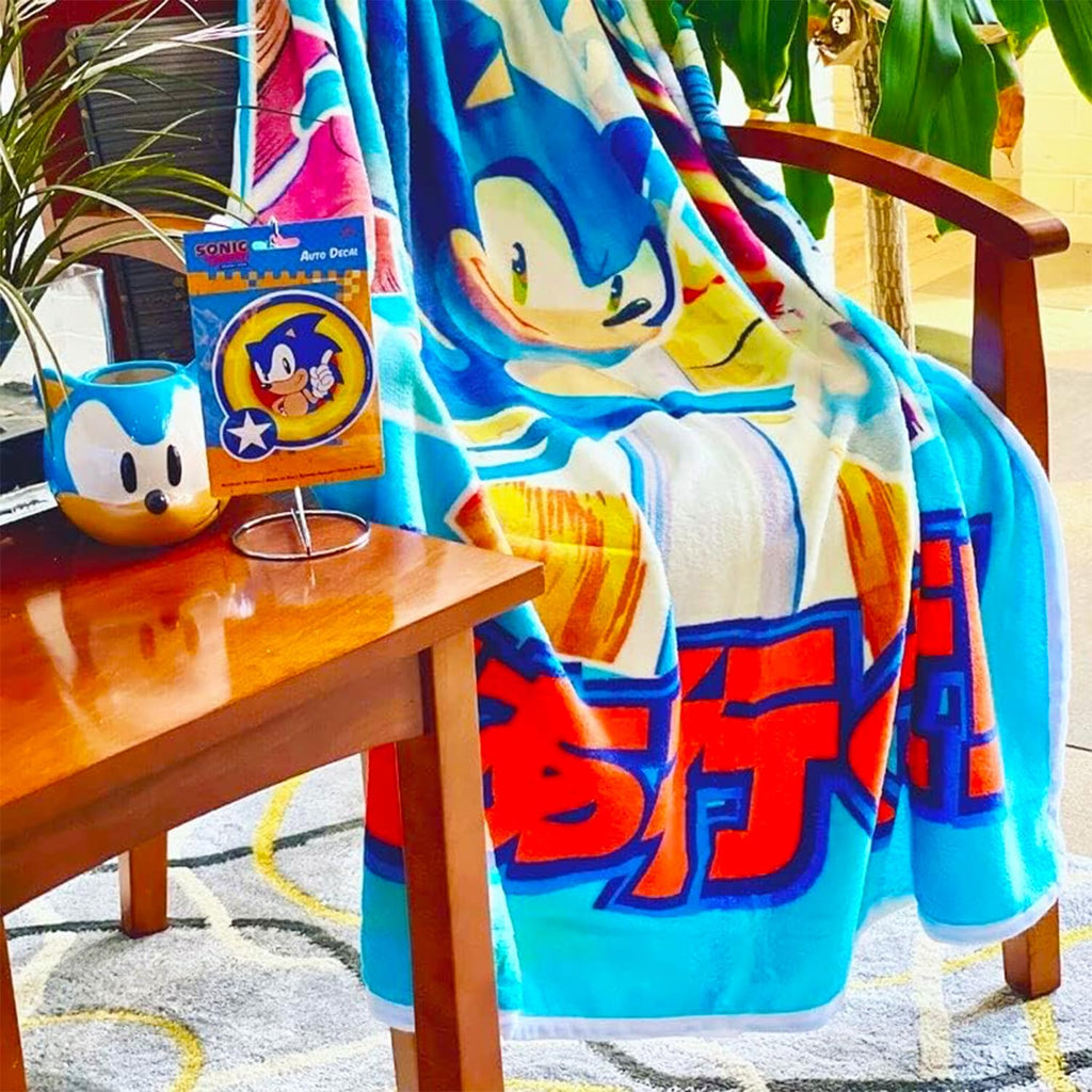 Sonic The Hedgehog Fleece Blanket Set - Bundle with Soft Video Game Blanket Plus Air Freshener, Stickers, More for Kids, Adults, Children | Cozy Sonic Fleece Blanket 45" x 60"