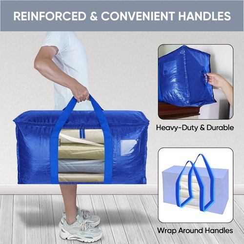 BALEINE Oversized Moving Bags - Heavy-Duty Storage Totes with Reinforced Handles | 2-Pack, Blue w/Window