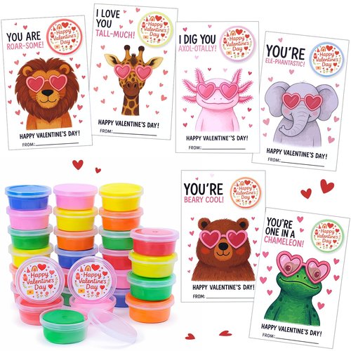 30 Pack Valentines Day Gifts for Kids, Cute Valentines Day Cards for Kids Classroom with Play Dough and Stickers, Valentine Exchange Cards Bulk for School Boys Girls Class Gifts Exchange, Party Favors
