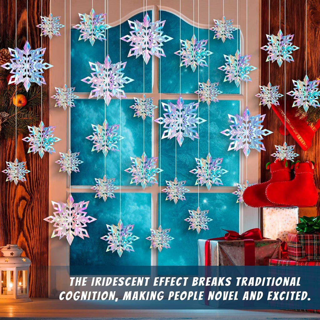 Skiennix 15PCS Christmas Hanging Snowflakes - 3D Iridescent Paper Ornaments for Winter Wonderland Decor