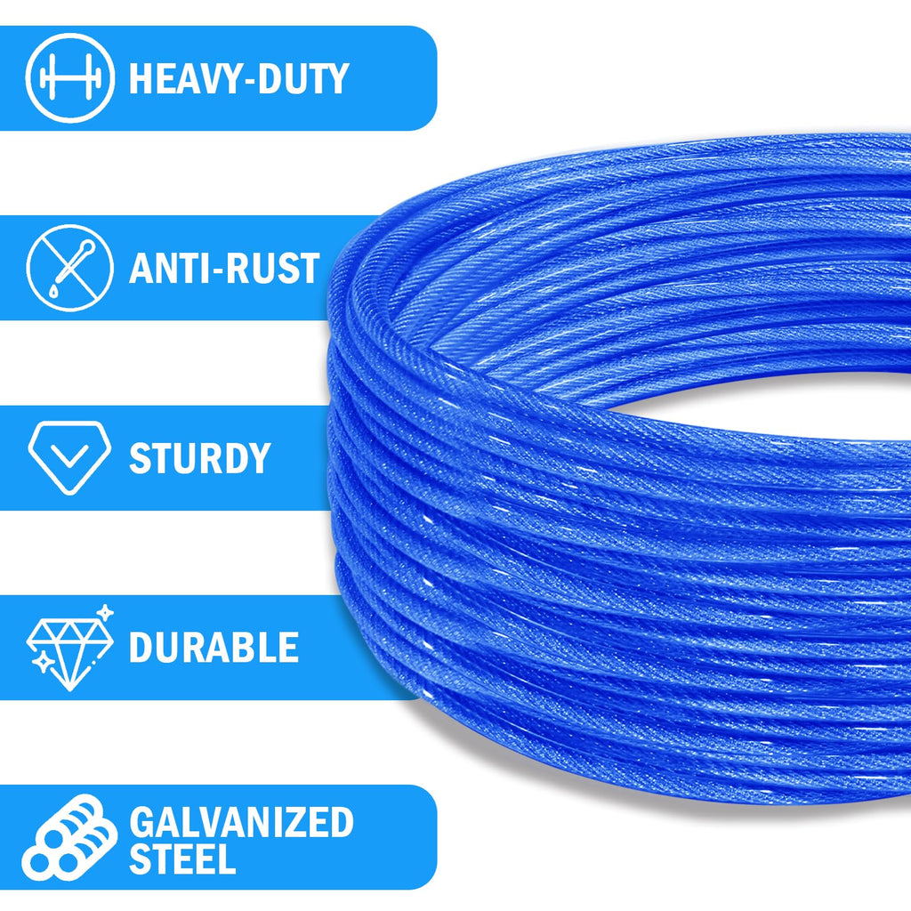 VIVBOO 40ft Clothes Line Outdoors 3/16" Wire Ropes Blue PVC Coating Laundry Drying Clothesline Retractor with Metal Hooks Heavy Duty for Umbrella Travel Outside Camping Backyard