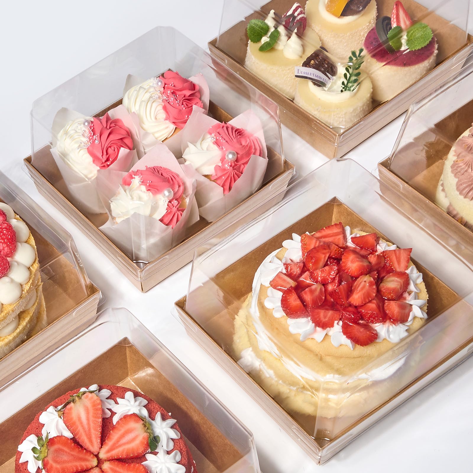 ZORRITA 7 x 7 x 4 Inches Paper Cake Boxes with Clear Lids, 40 Pack Disposable Charcuterie Boxes Square Food Containers for 4-6 Inch Cake, Dessert, Pie, Cupcake, Bakery (Brown)