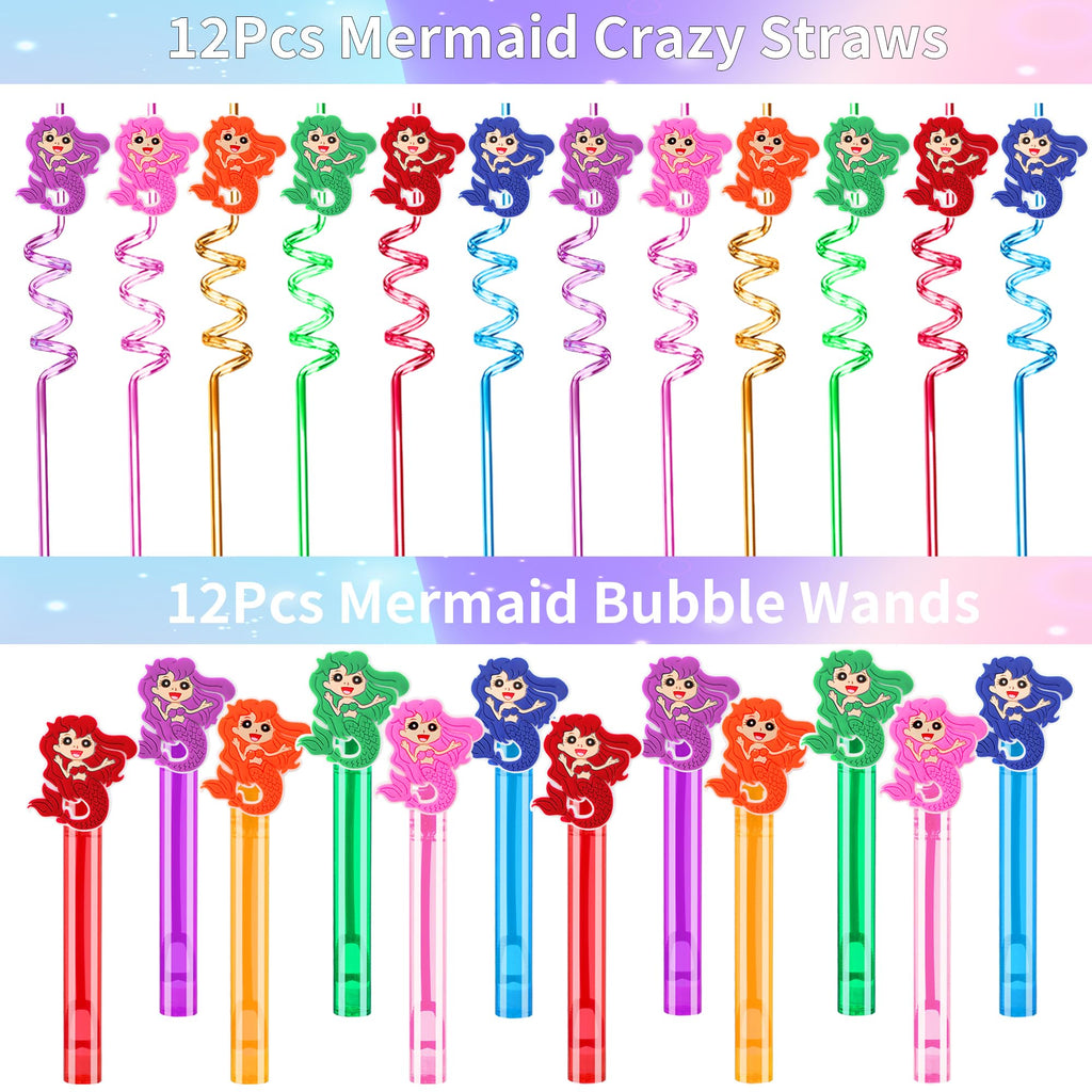 Rinfoeti 320PCS Mermaid Party Favors Birthday Decorations Supplies Kit with Goodie Bags, Bubble Wands, Straws, Masks, Stickers & More for 12 Guests