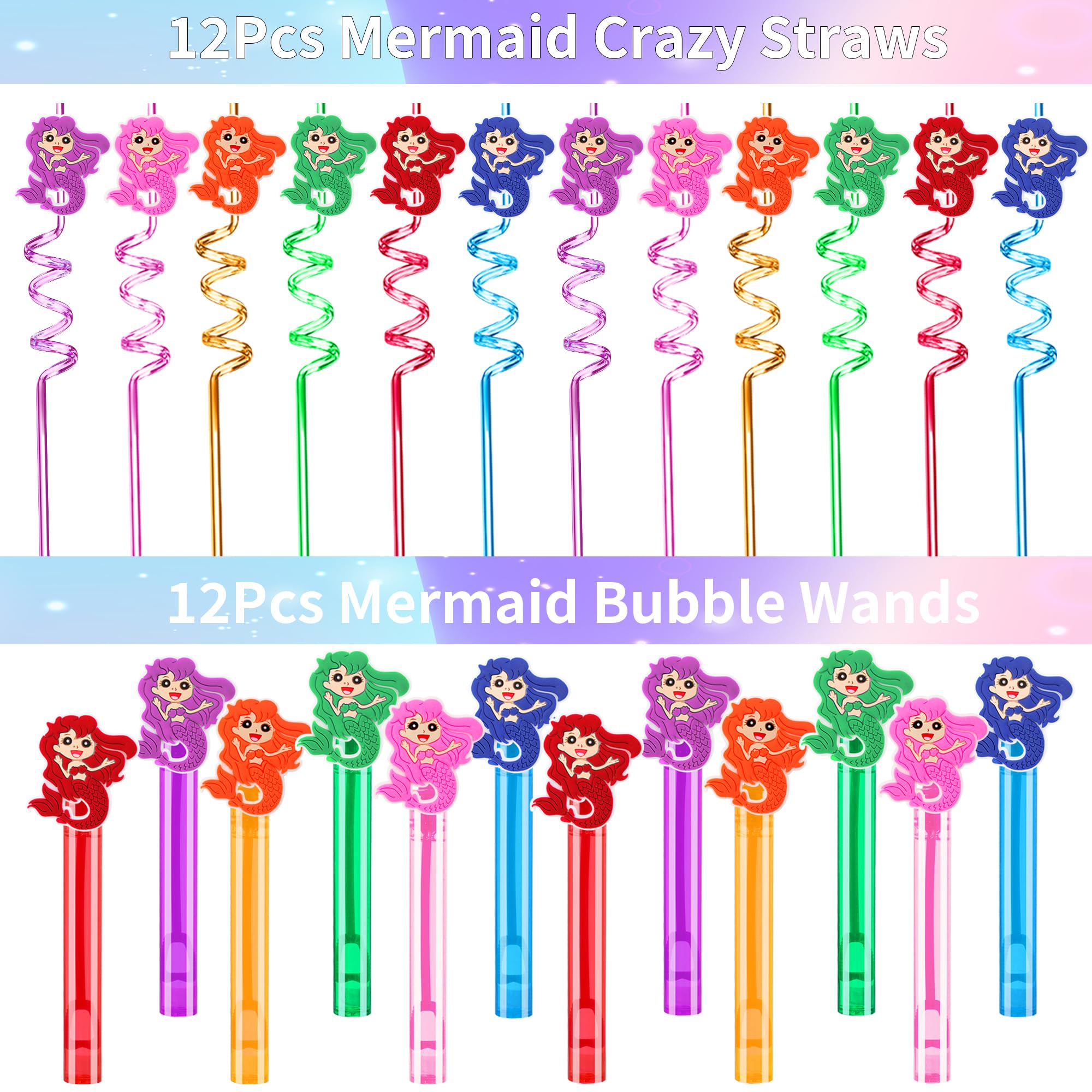 Rinfoeti 320PCS Mermaid Party Favors Birthday Decorations Supplies Kit with Goodie Bags, Bubble Wands, Straws, Masks, Stickers & More for 12 Guests