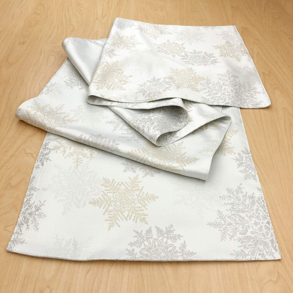 CAIT CHAPMAN HOME COLLECTION Holiday Silver Gold Snowflakes Metallic Jacquard Woven Table Runner Compatible with All Tables (14"x72" Runner)
