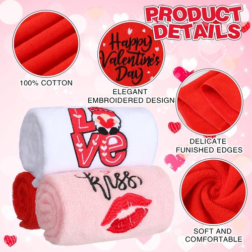 FuWeave 3 Pcs Embroidered Valentines Hand Towels for Bathroom 13.7 x 29.5 Inch Cotton Happy Valentine's Day Red Love Gnome Absorbent Bathroom Kitchen Dish Towel for Hand Drying Cleaning Cooking Gift