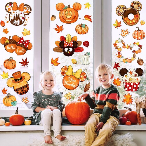 Fall Window Clings Decorations Mouse Shaped, 80pcs Thanksgiving Pumpkin Maple Leaves Window Decals Double-Sided Window Stickers for Autumn Fall Harvest Party Home Decor