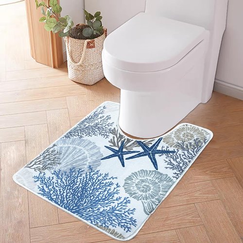 BBSET Blue Coastal U Shaped Toilet Rugs Washable 24"x20", Sea Beach Scalloped Contour Bath Mats for Bathroom Non Slip, Microfiber Absorbent Starfish Bath Mats (Sea)