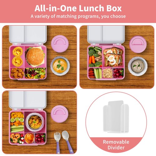 FAJSL Bento Box for Kids with Thermo Food Container (9oz), 4-Compartment Lunch Box, Adjustable Divider, Leakproof Bento Lunch Box, Includes Utensils & Carry Bag for School, Office(White-Horse)