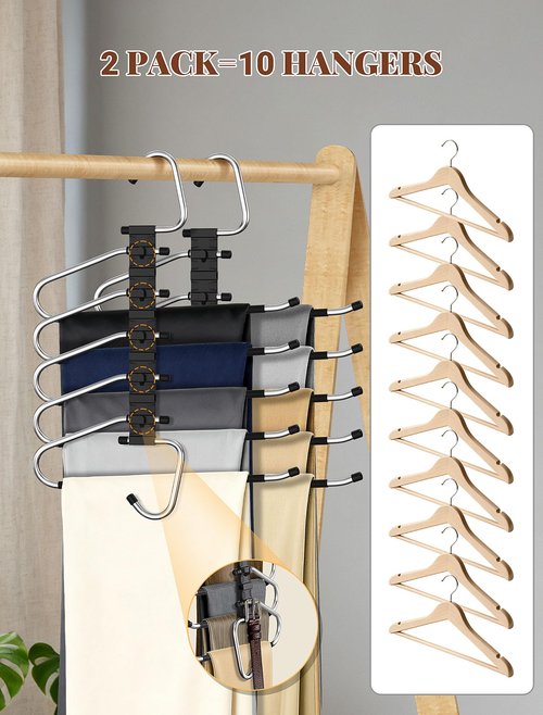 MERDTTES Pants Hangers 2 Pack Space Saving Metal Closet Organizer, Anti-Slip Design, Multi-Layer Space Saving Hangers, Closet Organizers and Storage for Jeans, Trousers, Skirts, Scarves, Slacks, Black