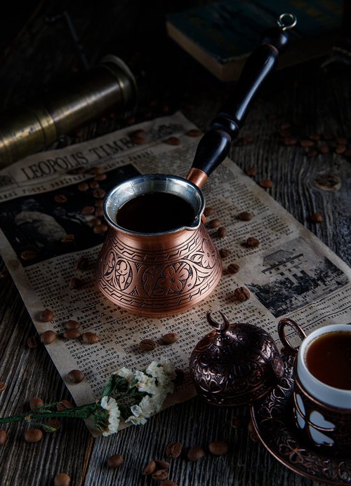 DEMMEX 15 Oz Thickest Copper Turkish Greek Arabic Coffee Pot, Stovetop Coffee Maker, Cezve Ibrik Briki with Wooden Handle & Spoon, Hand Engraved (Matte Copper, 6 Servings)