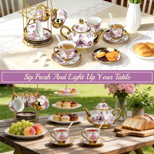 20 Pcs Porcelain Tea Set With Metal Holder,European Ceramic Tea Party Set for Adults,700ml Teapot,Beautiful Tea Cup Gift Sets for Home&Party (Cup-160ml)